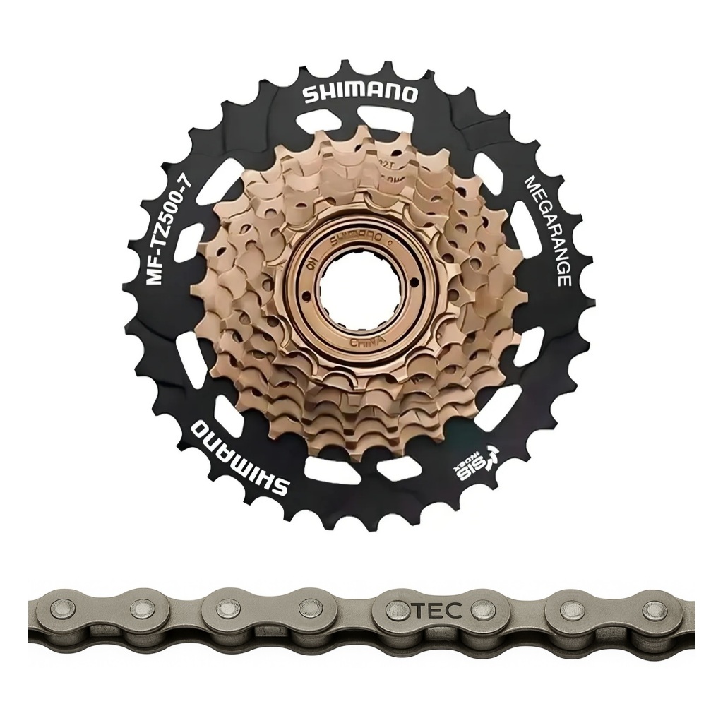 Catraca Roda Livre Shimano Tz500 14/34 7v Megarange  + Corrente Fina Index Bike 21 Marchas Aro 26 29