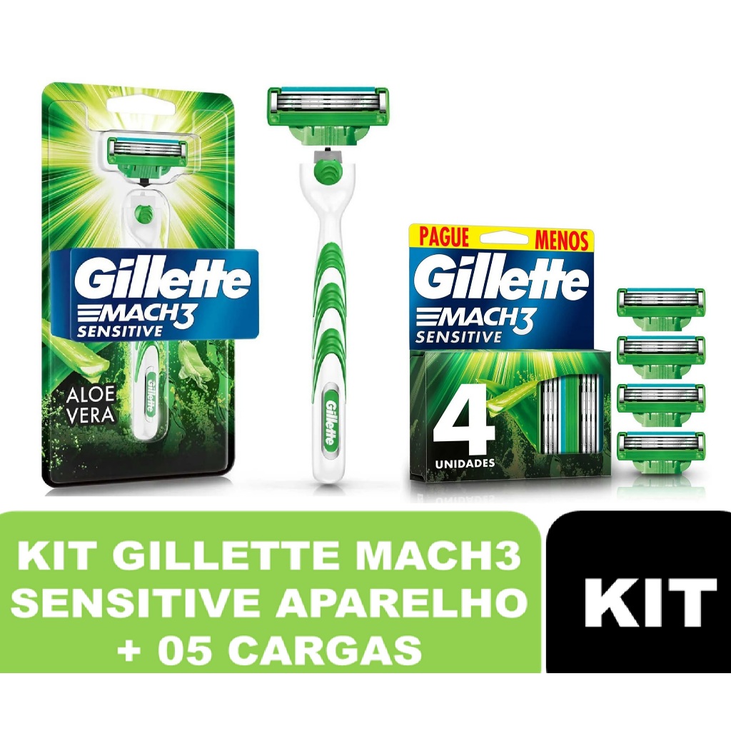 Kit Aparelho de Barbear + 05 Cargas Gillette Mach3 Sensitive
