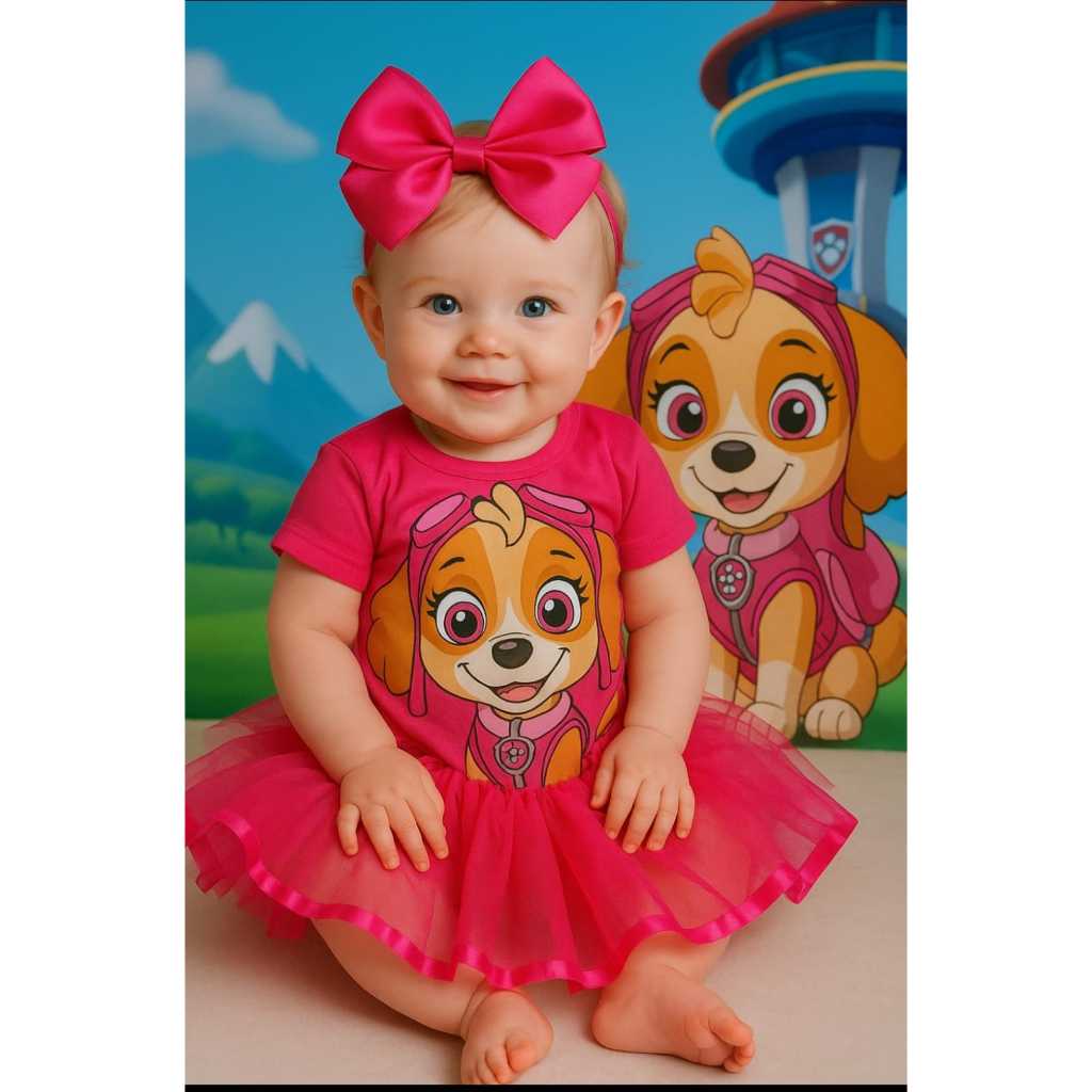Kit Body bebê, Mesversário tematico infantil Patrulha canina menina  + saia de tule + laço