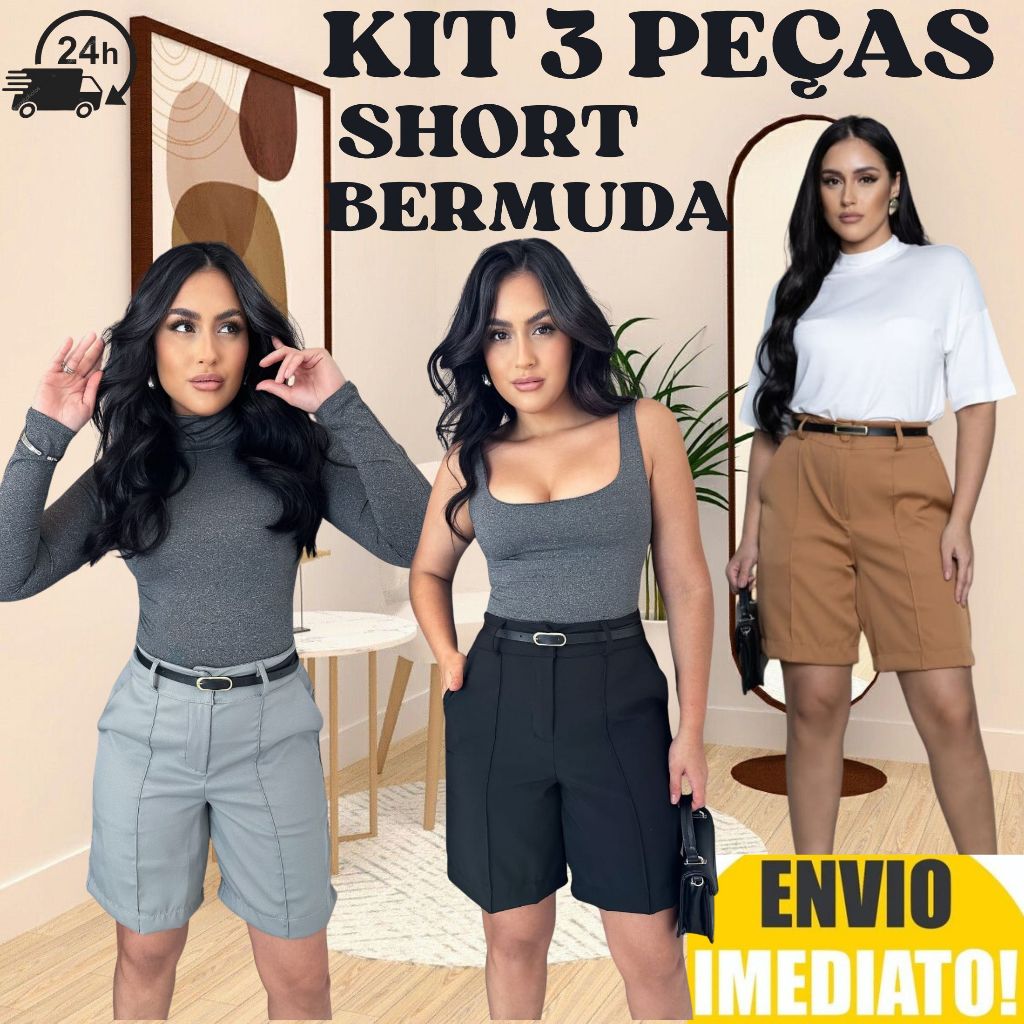 Kit 3 Short Bermuda Alfaiataria Feminino ENVIO IMEDIATO em Oferta na Shopee