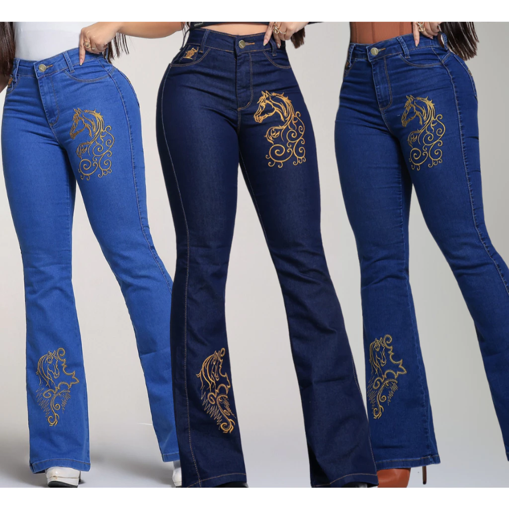 Calças Jeans Feminina Bordada Flare Com Elastano Country Rodeio Tecido Reforçado Flaer Lycra Calça Jeans Feminina — imagem 1