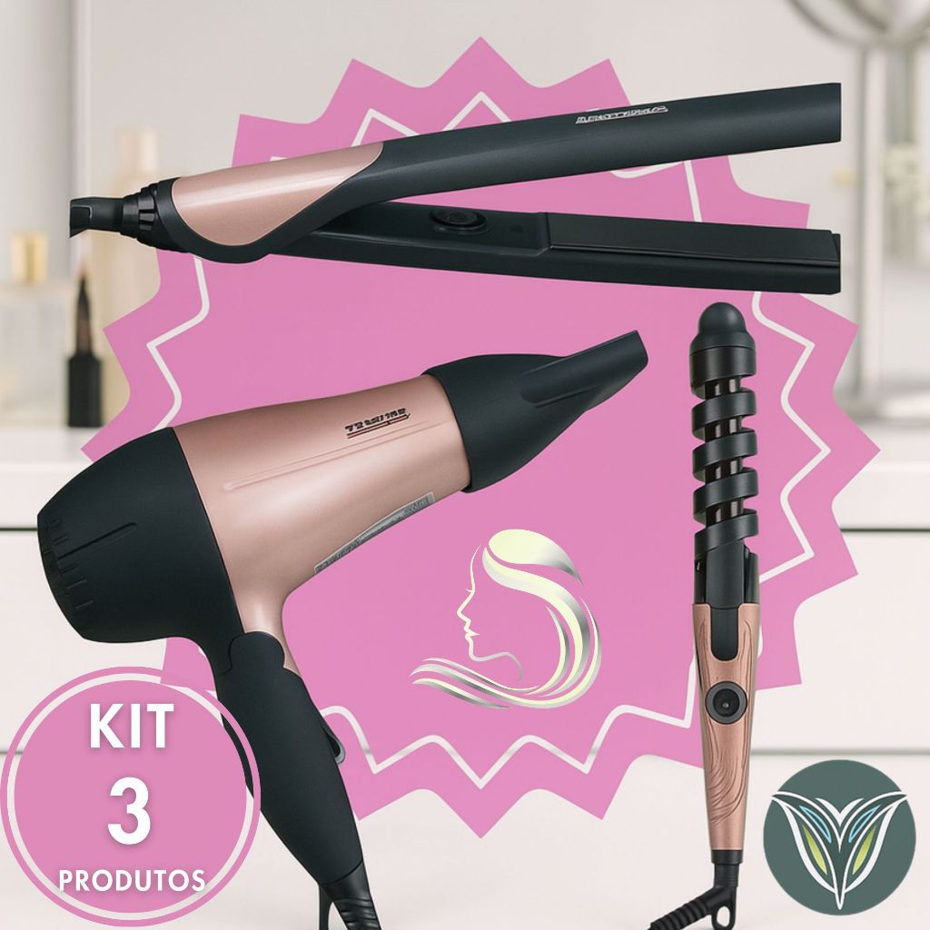 KIT 3 em 1 Secador de Cabelo Portátil + Modelador de Cachos + Chapinha Profissional Bivolt Rosa Potente Alta Qualidade