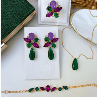 Brinco, anel, colar e pulseira roxo e verde esmeralda com banho de ouro celeste madrinha brinco verde brinco roxo em Oferta na Shopee