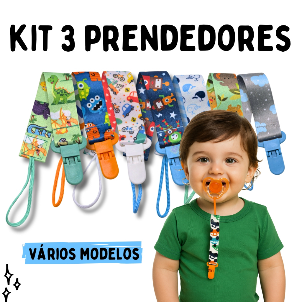Prendedor de Chupeta Menino Kit 3 Unidades Universal Mam Avent Nuk Nillo Lolly Chupeta Prendedor