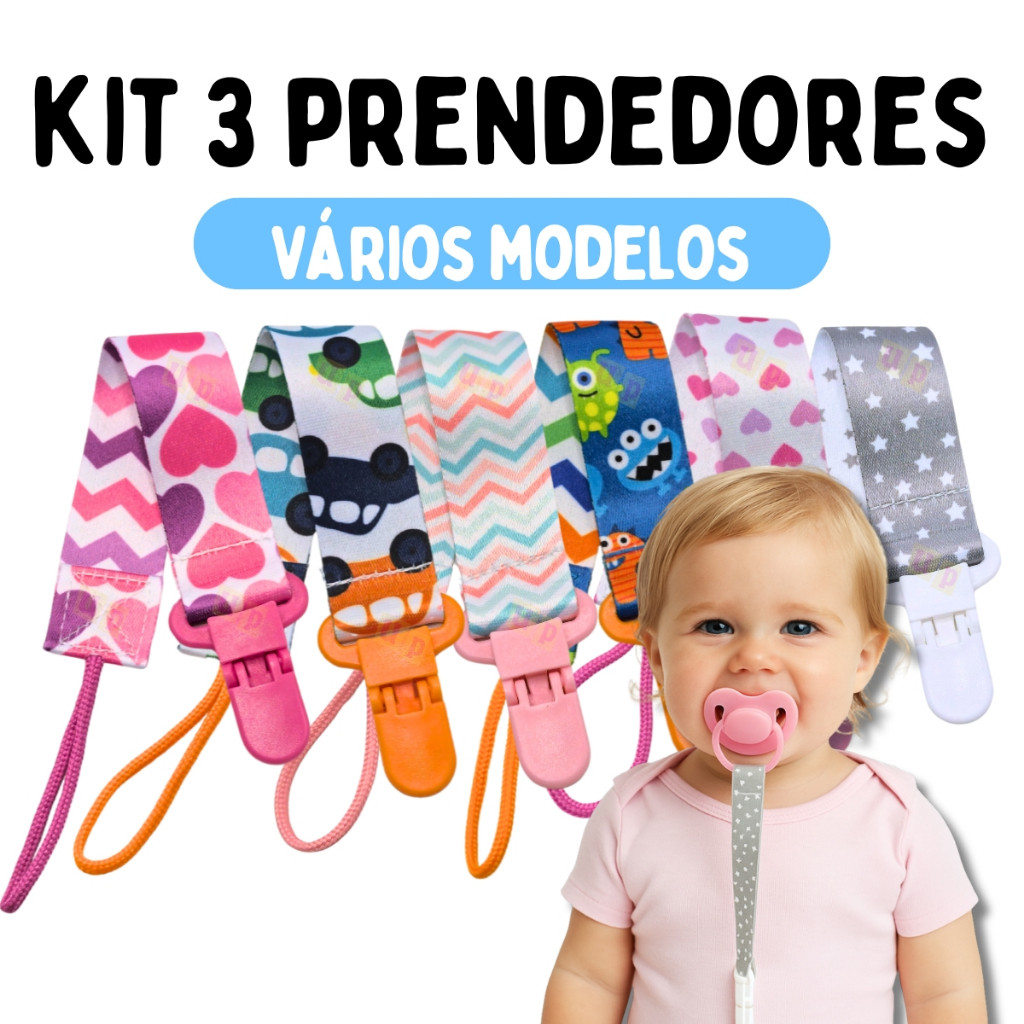 Prendedor de Chupeta Menina Menino Kit c/ 3 Chupeta Prendedor Universal Mam Avent Nuk Nillo Lolly