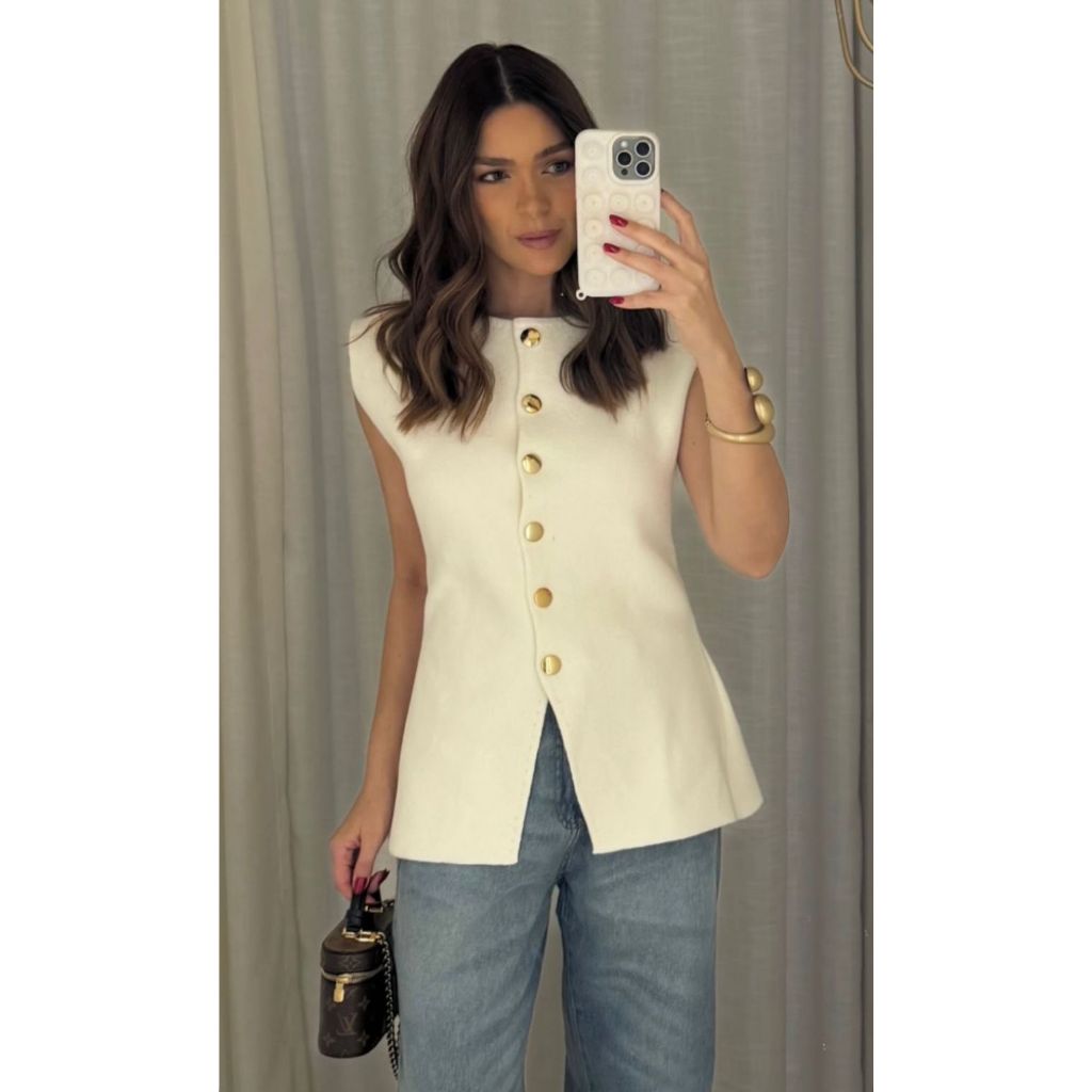 Colete Feminino Alfaitaria Modal Premium Com Botões Trico Tendencia Chic Luxo Estiloso Moura Tricot