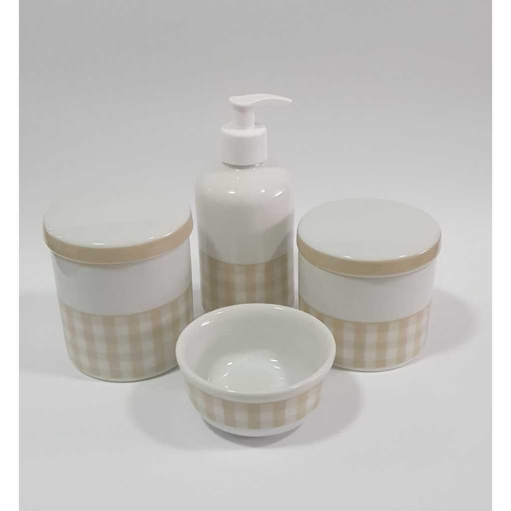 Kit Bebe Porcelana Higiene Maternidade Xadrez bege Delicado