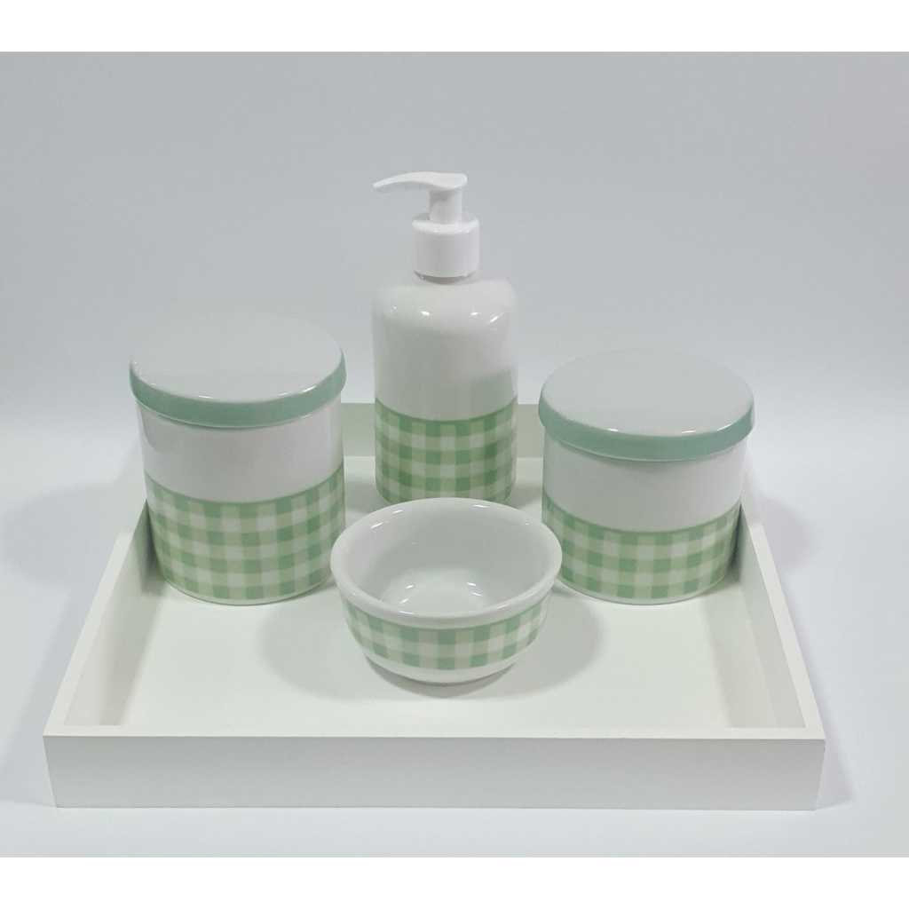 Kit Bebe Porcelana Higiene  Maternidade Xadrez Verde Delicado em Oferta na Shopee