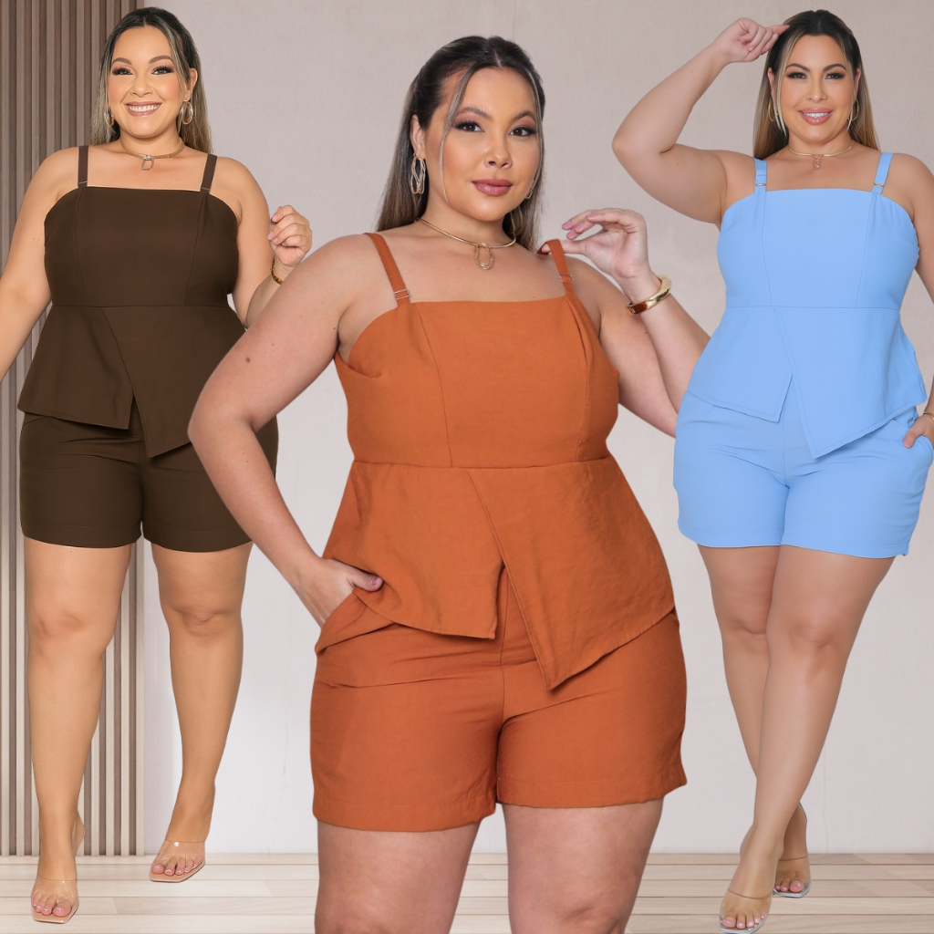 Conjunto Alfaiataria Feminino Plus Size Bata e Short Kit Blusinha Alça Peplum GG G1 G2 em Oferta na Shopee