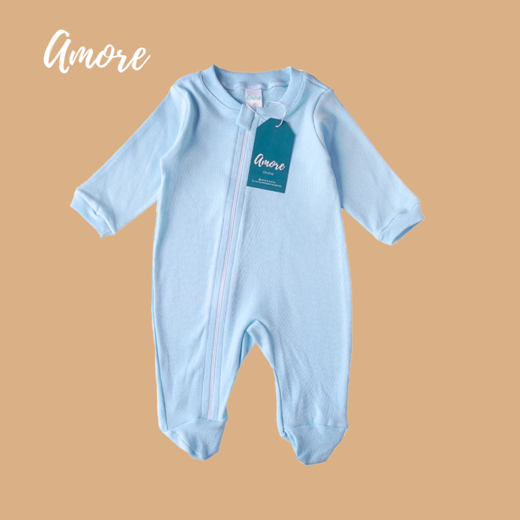 Macacão de bebê Menino Amore Pezinho Azul com Zíper 100% Algodão