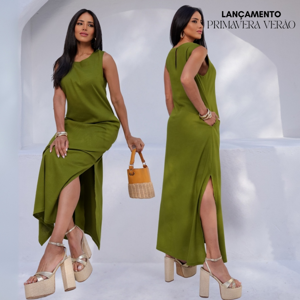 Vestido feminino linho com elastano premium forrado e confortável em Oferta na Shopee