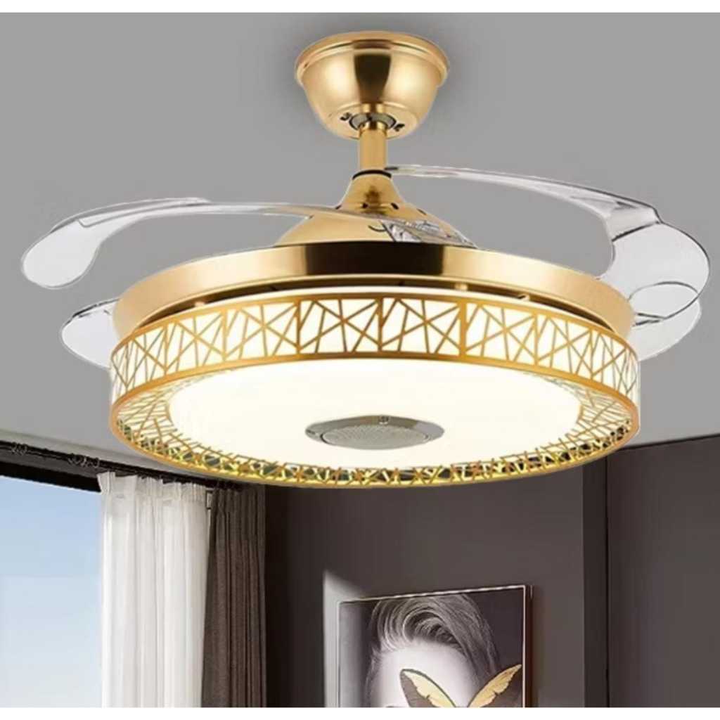 Ventilador de Teto Retrátil Dourado com caixa de Som e 3 temperaturas de Cor com Controle-Lançamento Fonte do Led