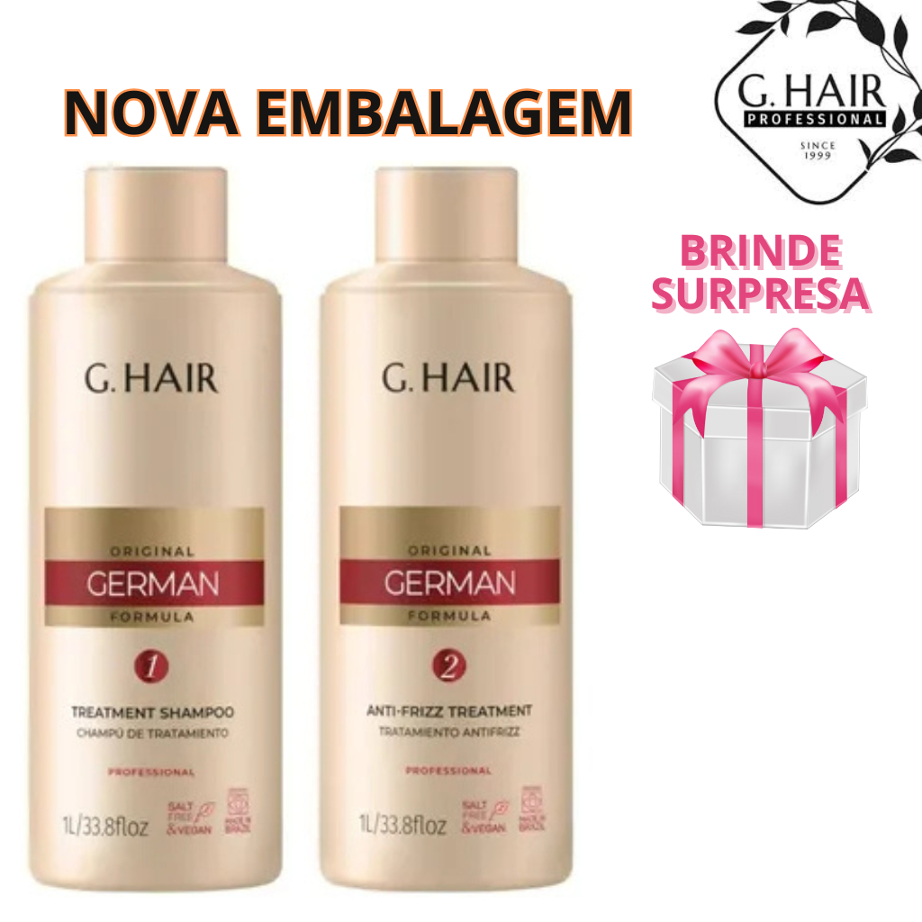 Ghair - Kit Escova Progressiva Alemã Liso Extremo, Alisamento Capilar Shampoo PASSO 1 + Tratamento Anti-Frizz PASSO 2 1L