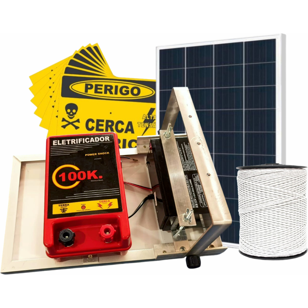 Cerca Eletrica rural solar 100k ST 10W c/  bateria 12v - 500m Fio Eletro BRANCO 03 Placa de Advertencia
