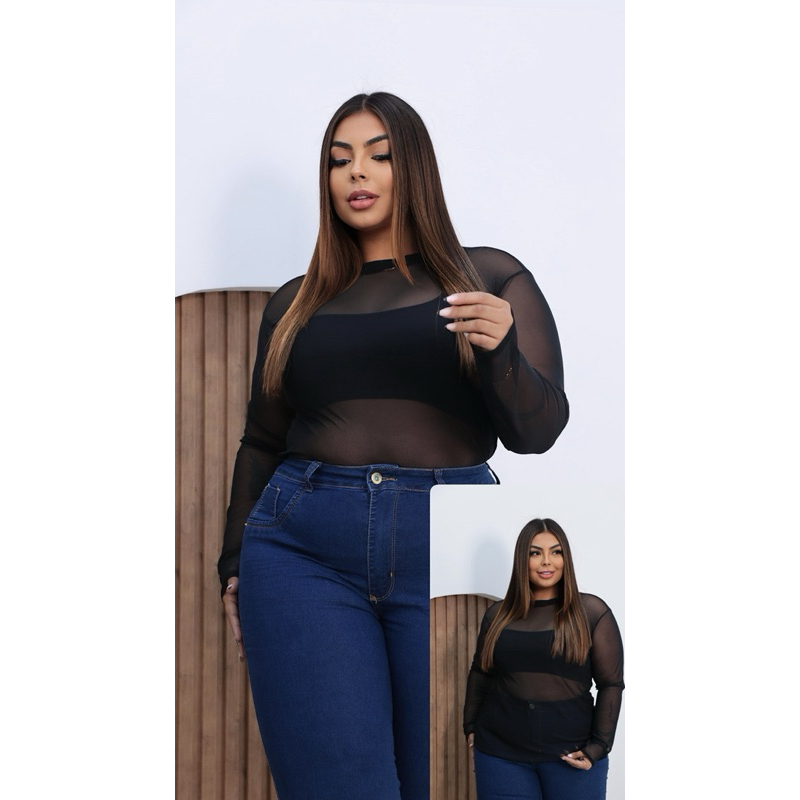BLUSA BODY BORI BORY MANGA LONGA TULE PRETO TRANSPARENTE VERÃO E INVERNO PLUS SIZE