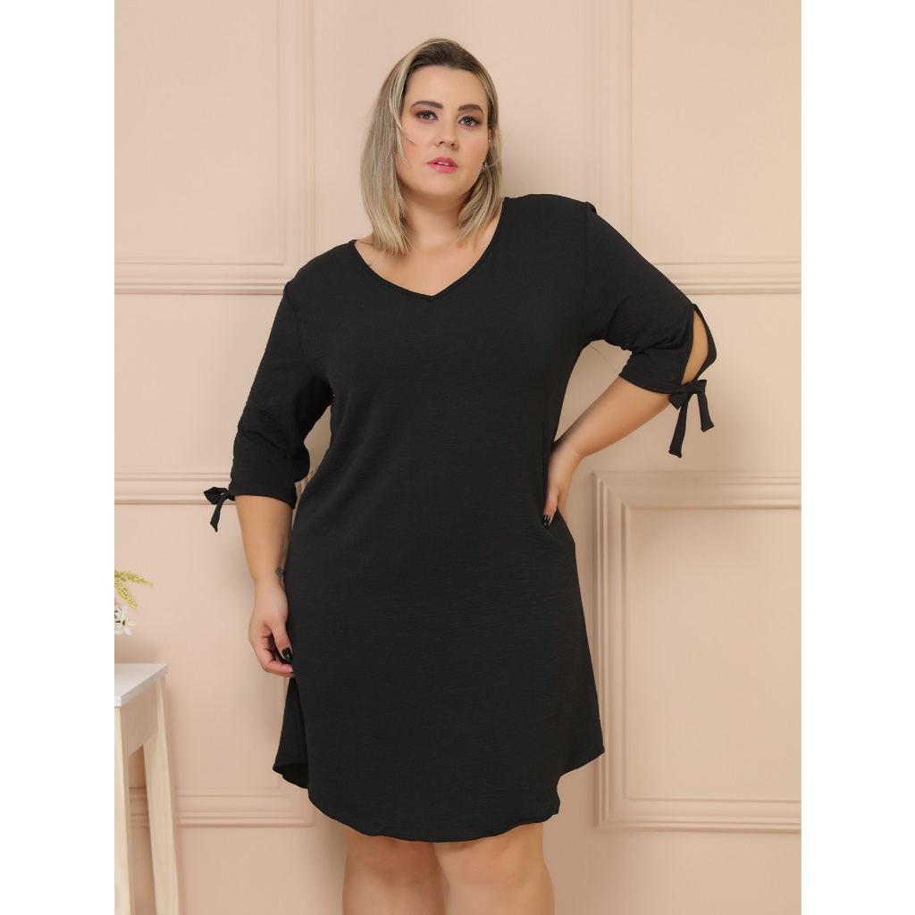 Vestido Curto Plus Size Manga Longa Gola V Elastex 48 Ao 54/COD:V46 em Oferta na Shopee