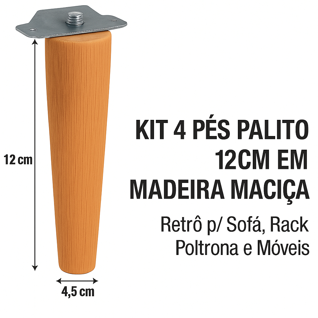🪵 Kit com 4 Pés Palito 12cm – Madeira Maciça Retrô com Suporte Metálico