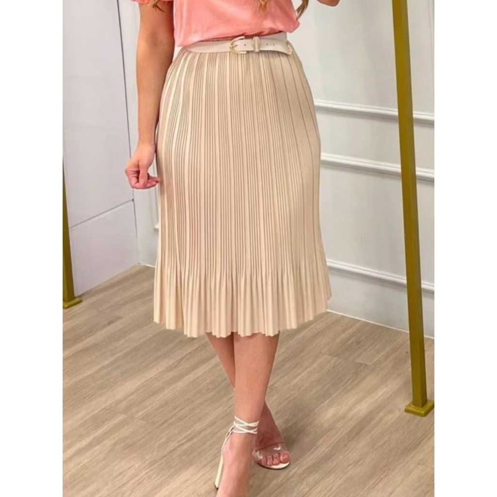 Saia Plissada Midi Feminina Moda Evangélica Tecido Helanca Light Cintura Elástica Tamanho Único
