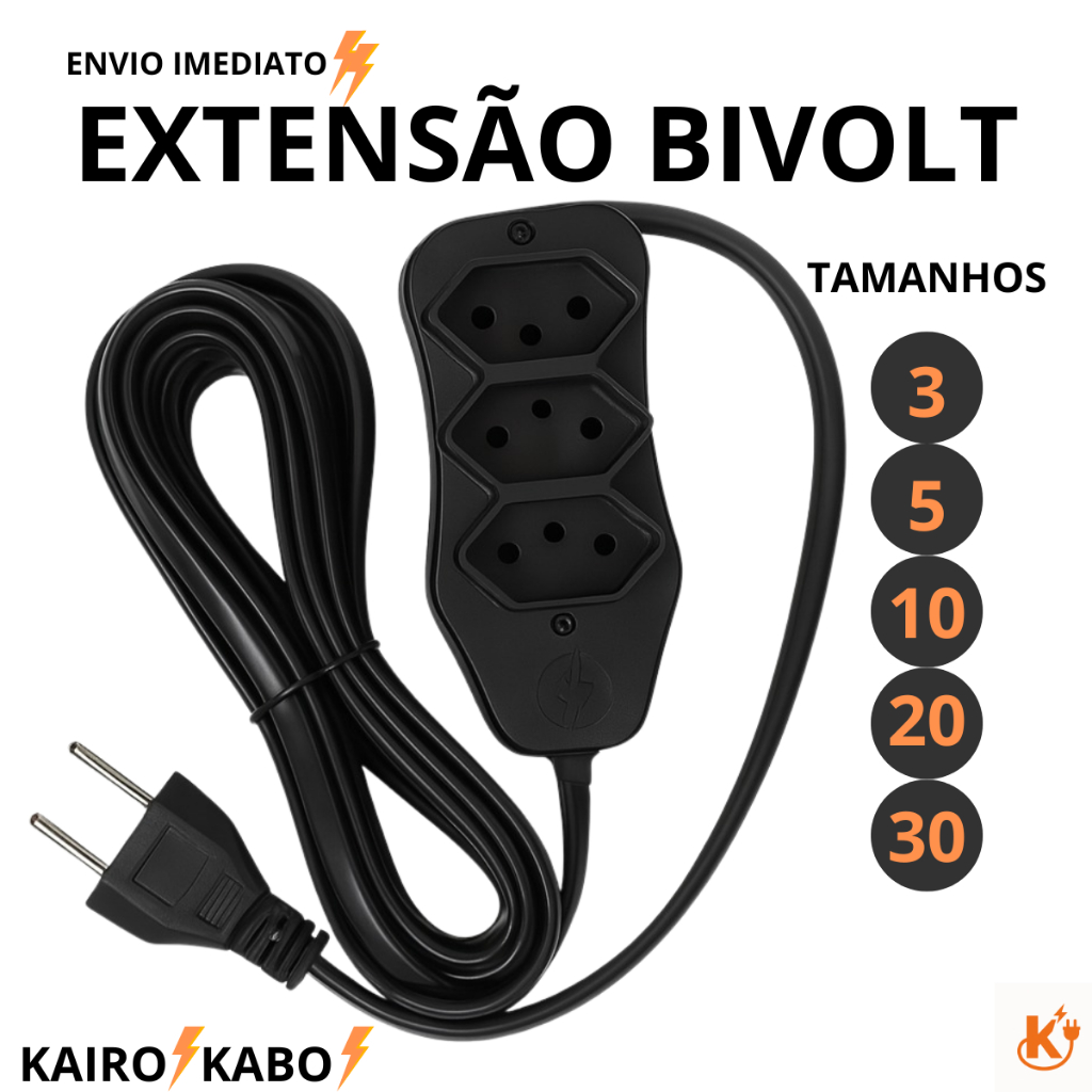 Extensão Elétrica de 30 Metros Com 3 Tomadas Bivolt 10 Amperes Cabo Resistente