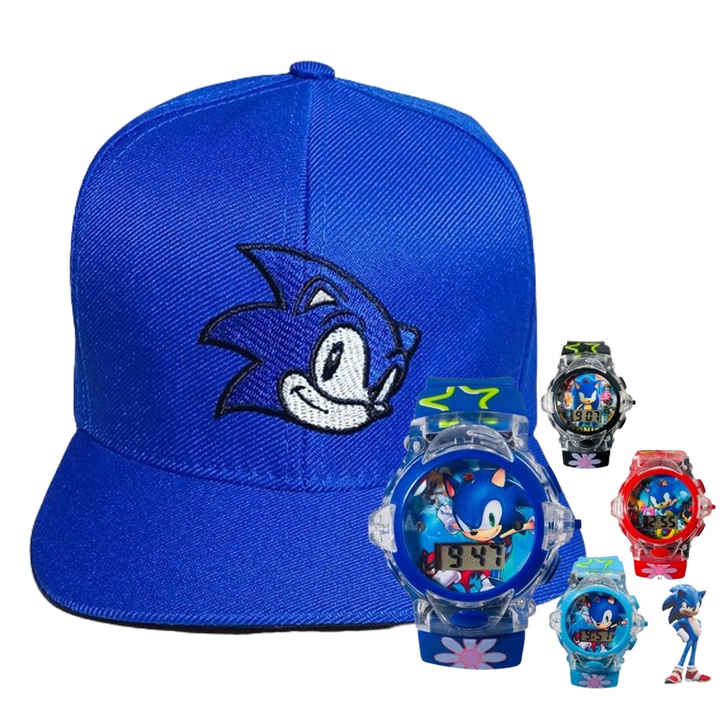 Boné e Relógio Digital Infantil Chapéu Sonic Luz Criança Menino Menina Esportivo LED