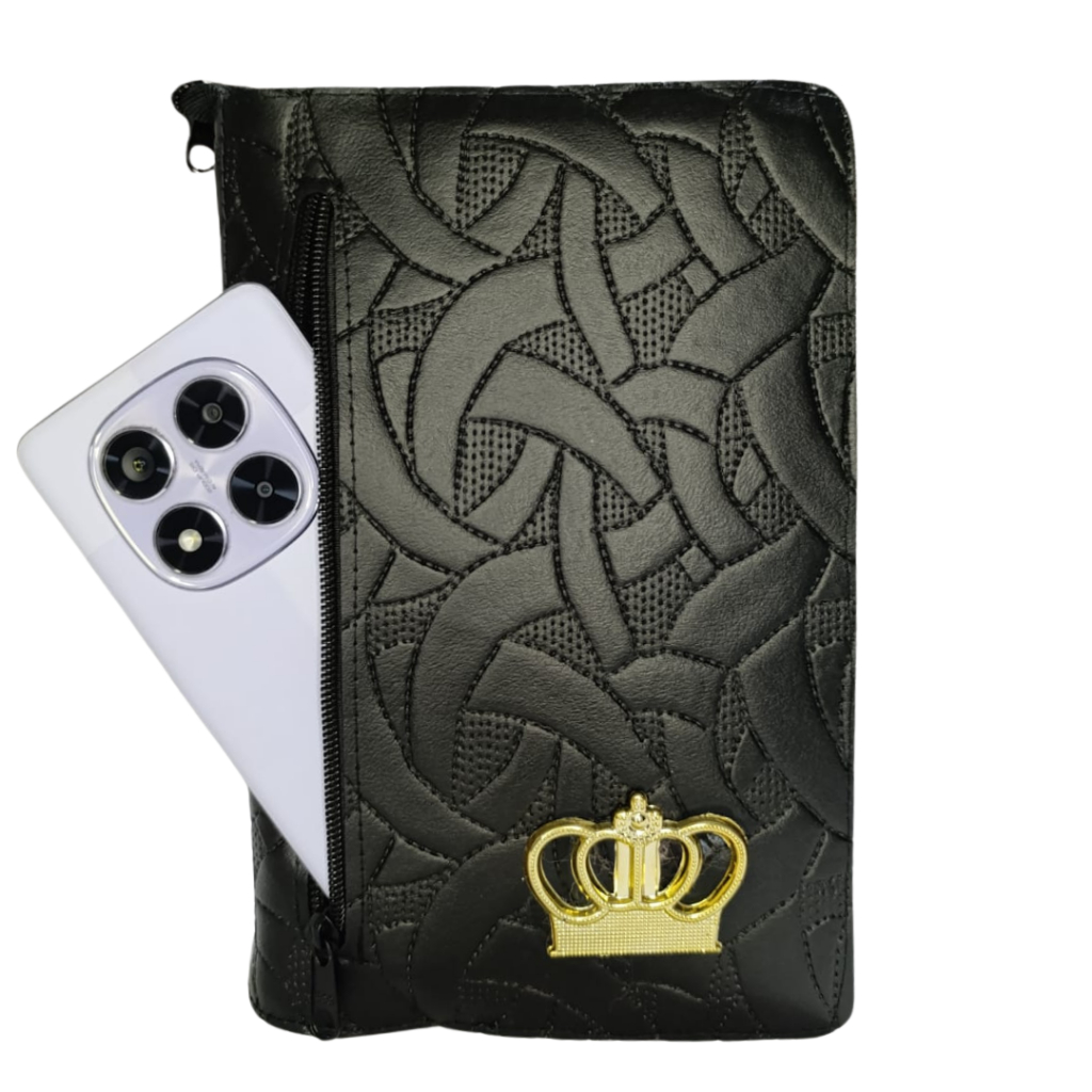 Capa para Bíbia Média Luxo Couro Sintético Geométrica com Relevo com Zíper e Bolso Externo