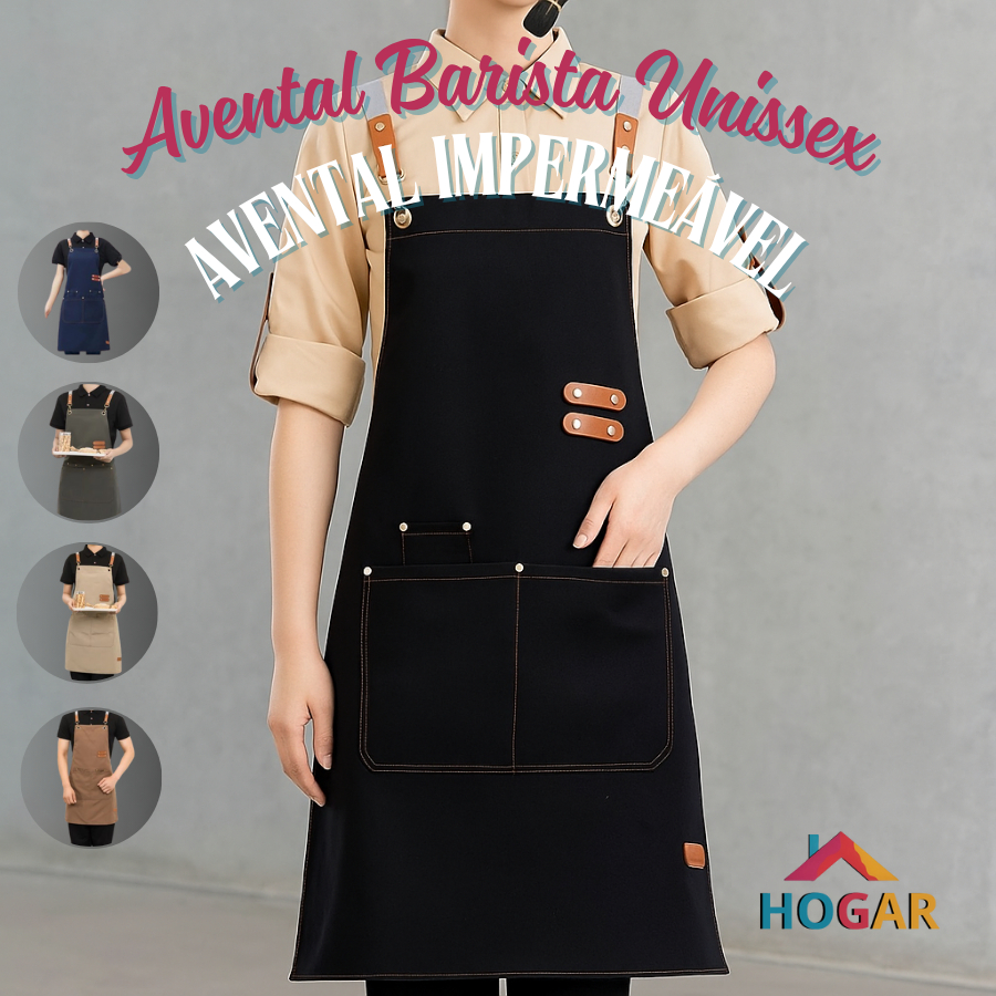 Avental Lona Impermeável Cozinha Unissex com Bolsos Ajustável Chef Garçom Barista Preto, Caqui, Azul em Oferta na Shopee