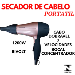 Secador De Cabelo Dobrável 1200W Bivolt Alça Bocal Dois Níveis de Temperatura