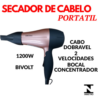 Secador De Cabelo Dobrável 1200W Bivolt Alça Bocal Dois Níveis de Temperatura em Oferta na Shopee