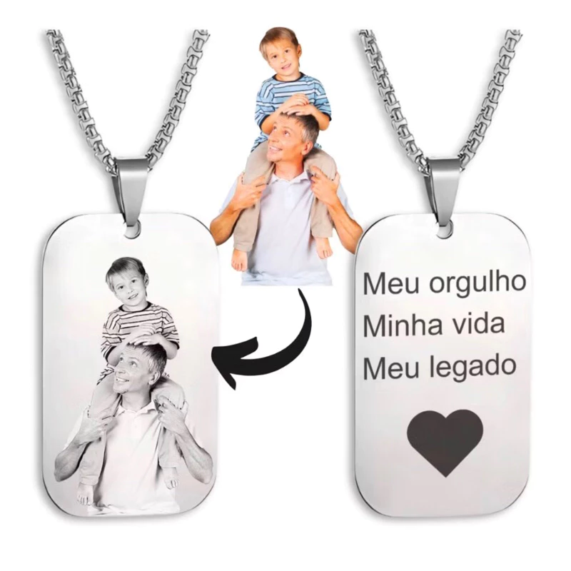 Corrente Masculina + Plaquinha Aço Inoxidável com Foto e Frase Personalizada a Laser