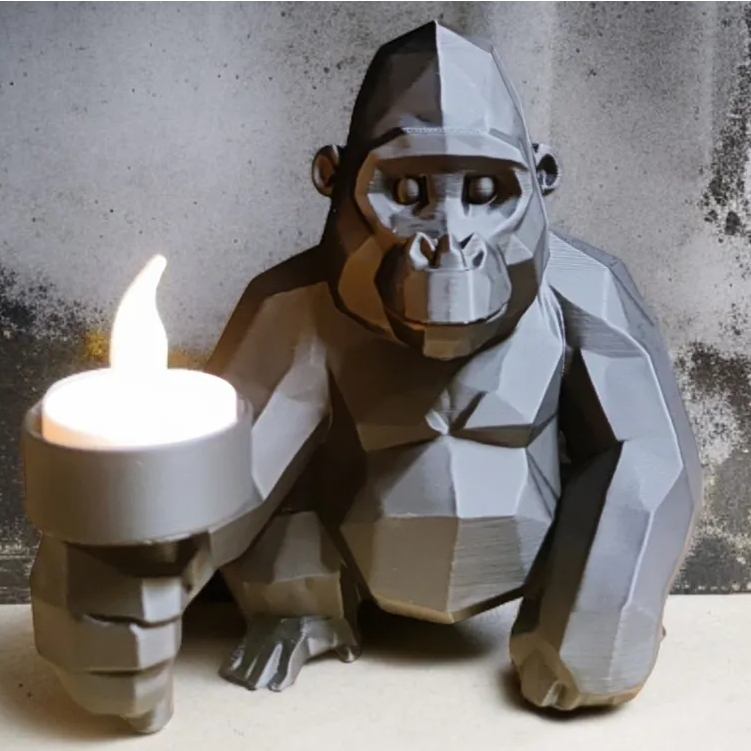 Escultura Gorila com Tocha (suporte para Vela de Led) - Decoração p/ Casa, Mesa, Prateleiras, Estantes, etc