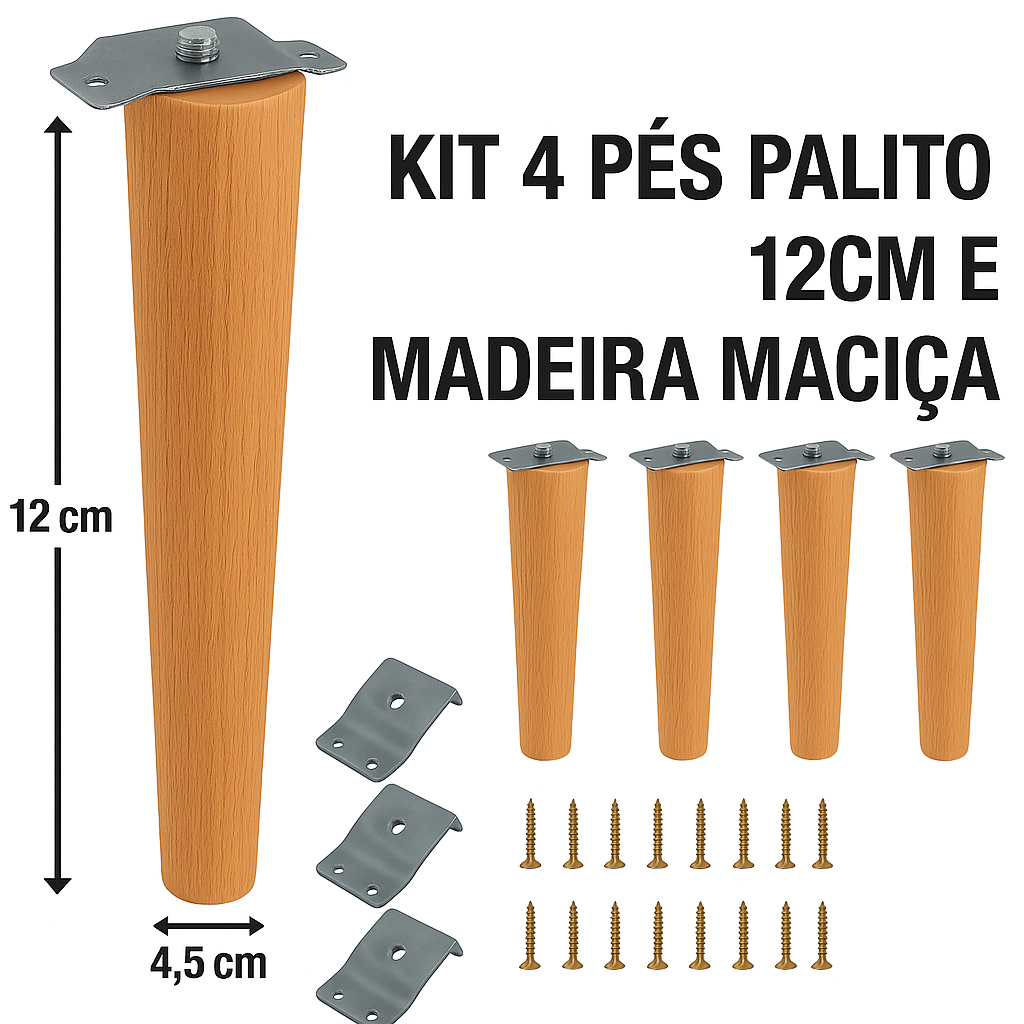 🔧 Kit de Pés Palito 12cm – Madeira Reflorestada + Chapinhas + Parafusos