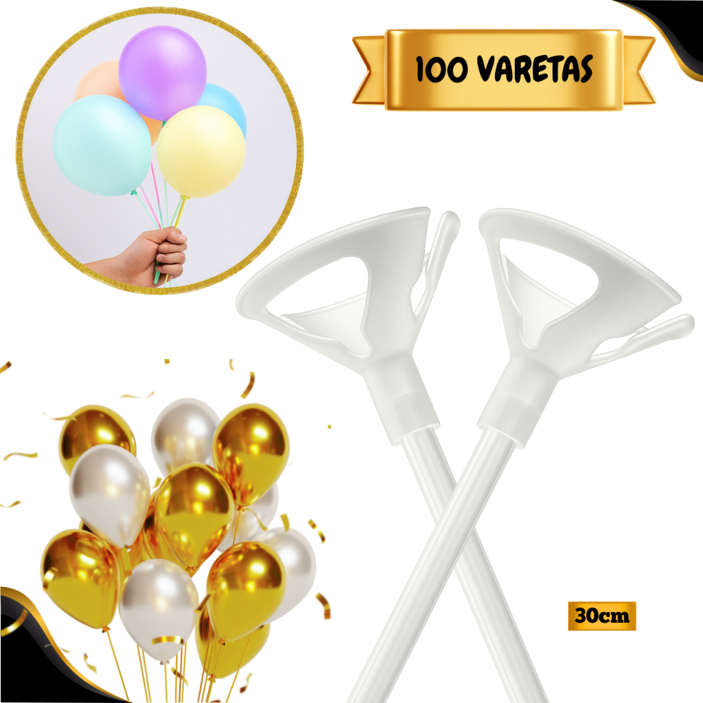 Kit 100 Suporte Pega Balão Bexiga Vareta 30cm Transparente Decoraçao Festa