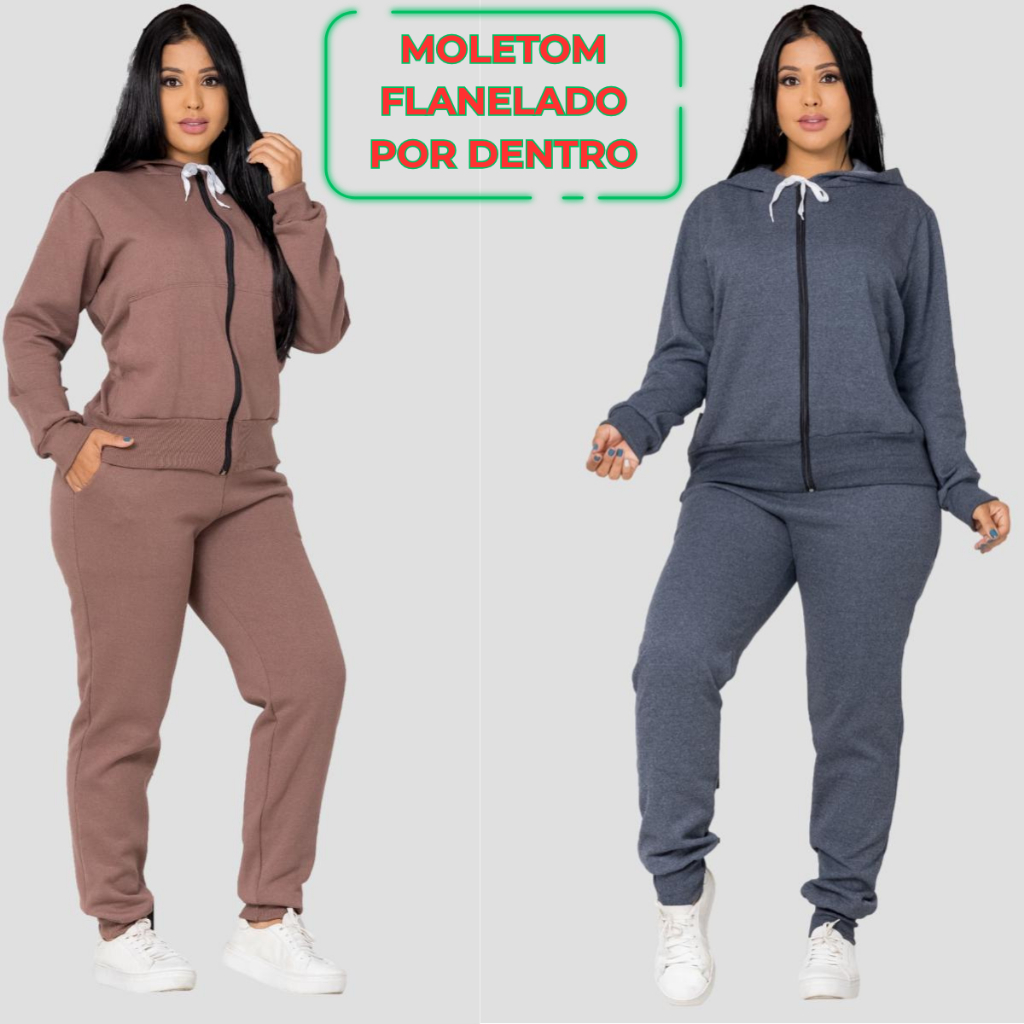 Conjunto Moletom Feminino Inverno Frio Flanelado Zíper Capuz