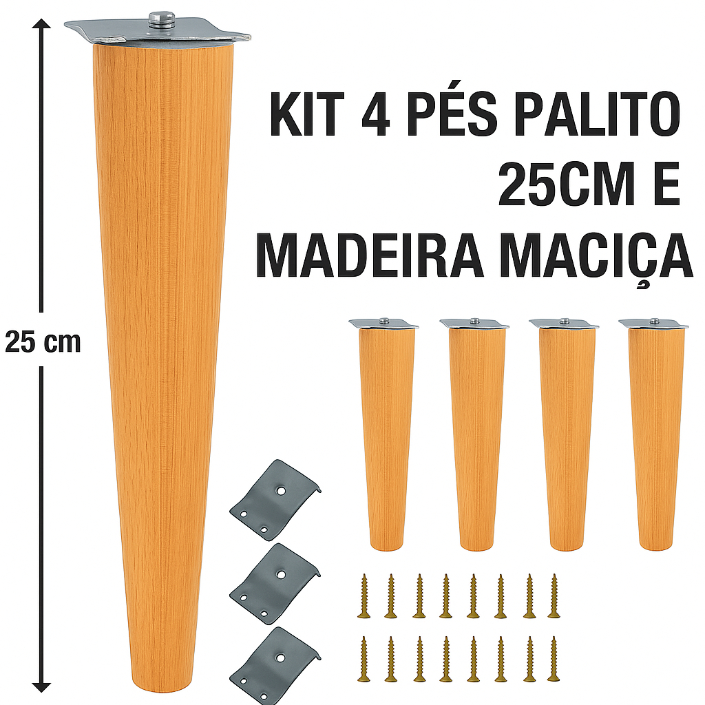 🛠️ Kit Completo: Chapinhas + Pés Palito 25cm + 16 Parafusos para Fixação Segura