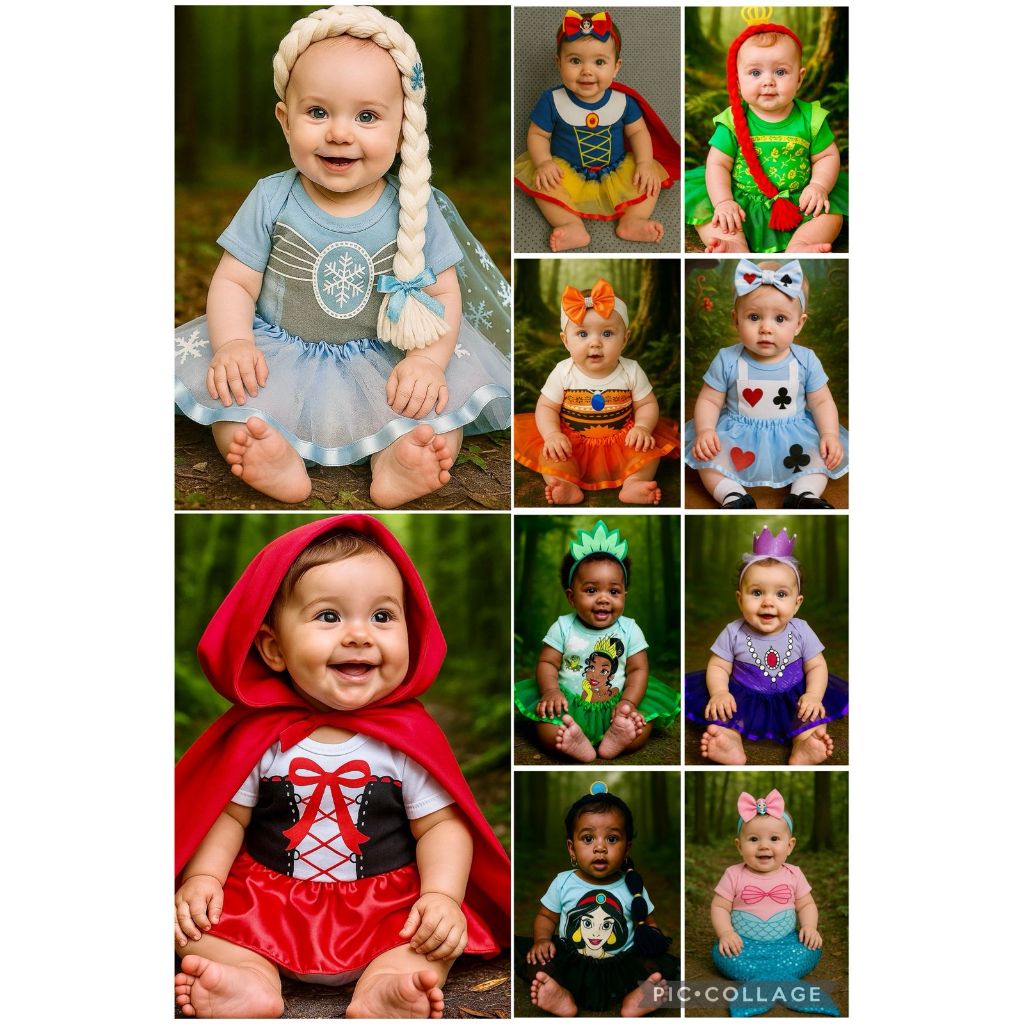 Body Tematico de Princesas Body de Princesas Body + Acessórios Branca de neve Body Elsa Body Fiona Body Alice Body Tiana