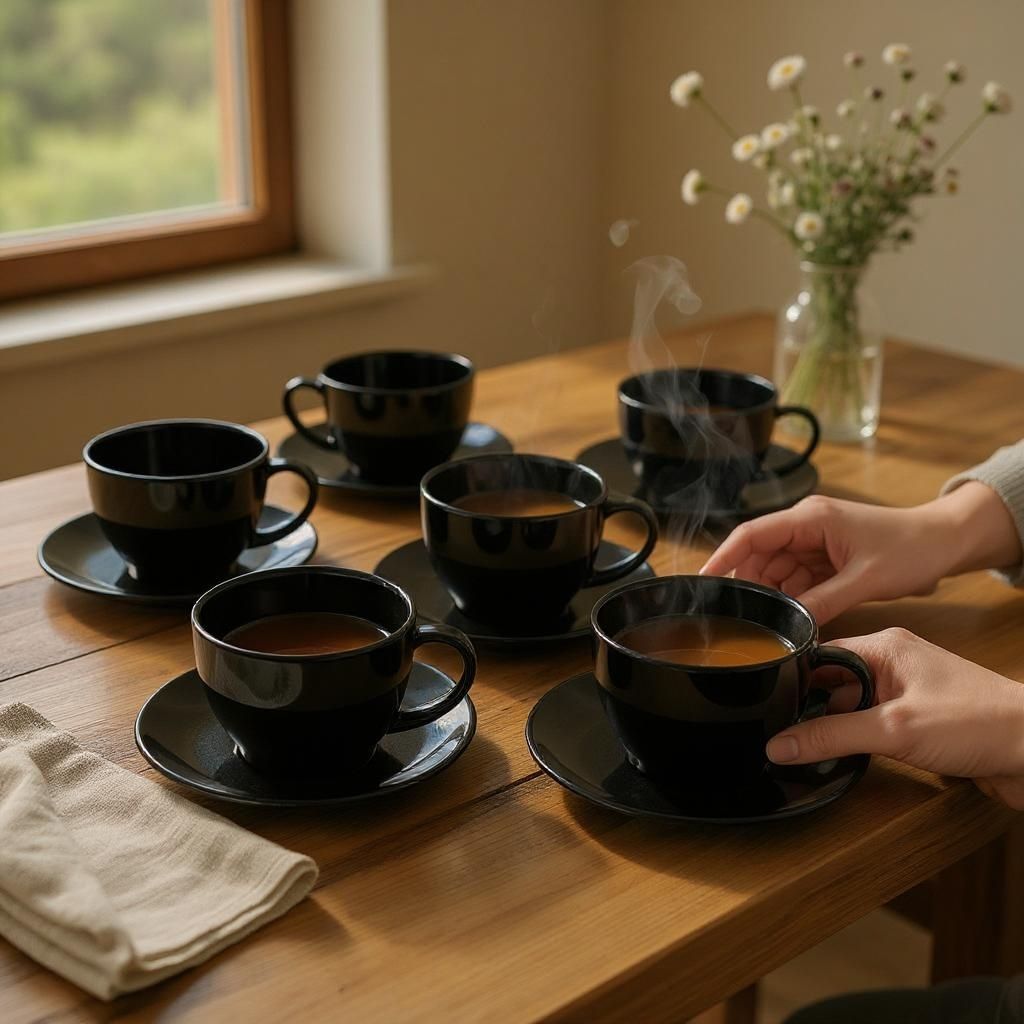 JOGO DE  12 PEÇAS ACRILICAS   6 XICARAS CAFE DA TARDE 200ML  E 6 PIRES  PRETO ALL BLACK