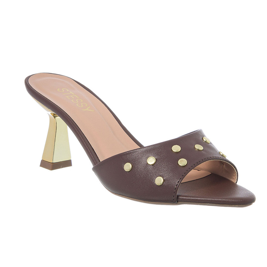 Detalhes do Tamanco Feminino Bico Folha Tachas Salto Alto Taça Cromado Stessy Mule Confortável Moderno Luxo