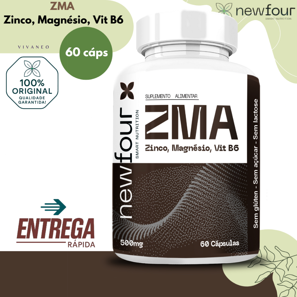ZMA Zinco, Magnésio, Vitamina B6 500mg 60 Cápsulas Pronta Entrega Atletas - New Four