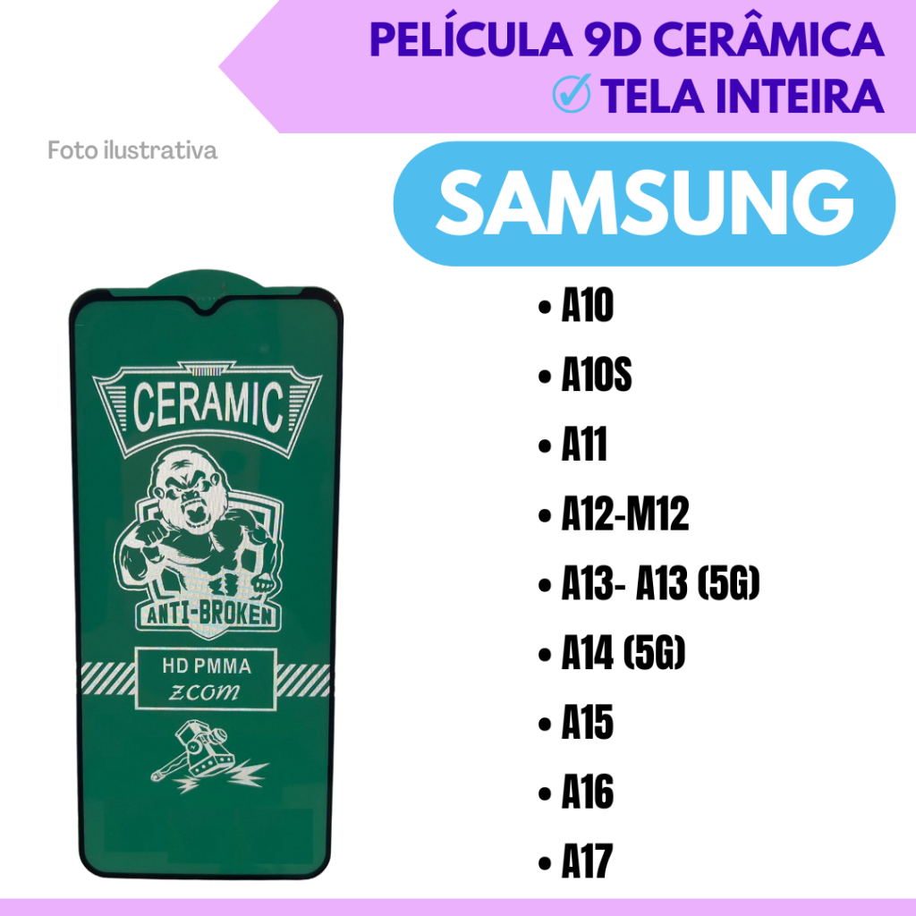 Película Cerâmica Hidrogel Flexível Para Samsung A10 / A10S / A11/ A12-M12/ A13- A13 (5G)/ A14 (5G)/ A15/ A16/ A17 / 9D.