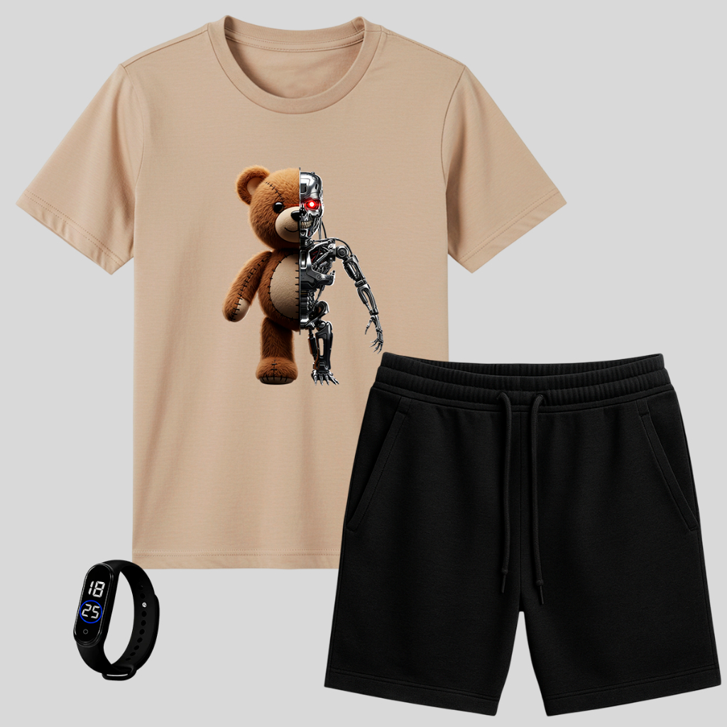 Kit Camiseta Infantil e Short Moleton Masculino + Relógio Brinde com estampa urso com robo