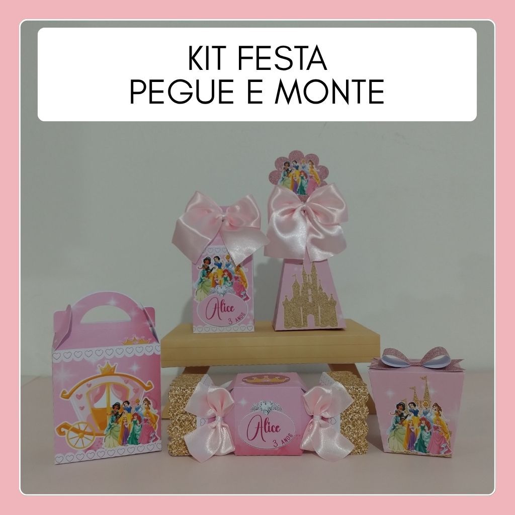 Kit Festa Princesas PEGUE E MONTE PERSONALIZADO Lembrancinhas Aniversário Caixinhas Papelaria