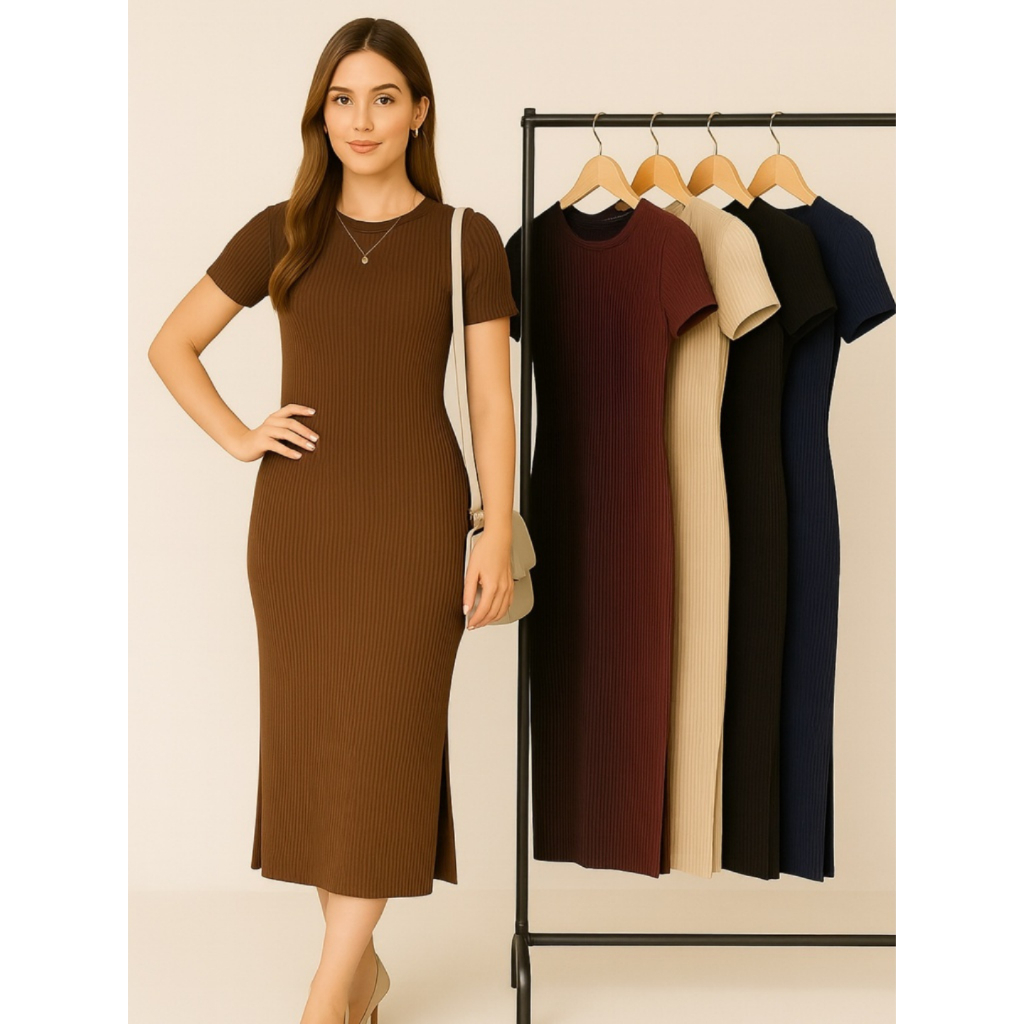 Kit 5 Vestidos Midi Canelado Com Fenda Lateral Manga Curta Gola Redonda Vestido  Elegancia e Conforto Premium Moderno em Oferta na Shopee