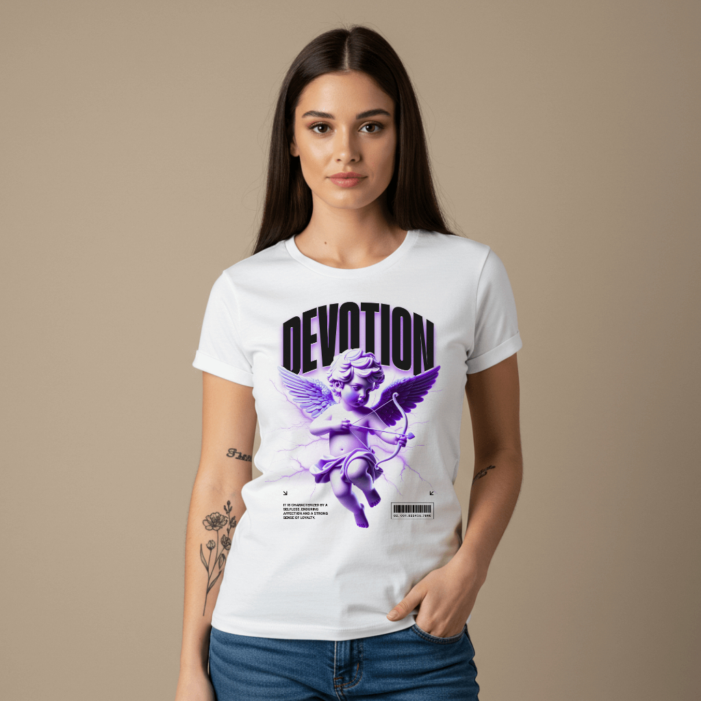 Camiseta Feminina com Estampa Devotion e Cruz Estilo Conceitual