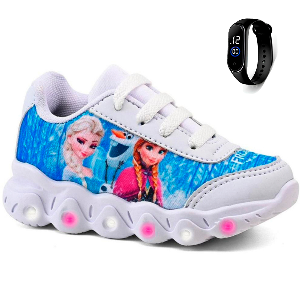Kit Tênis Infantil Menina Frozen Com Led + Relógio Digital