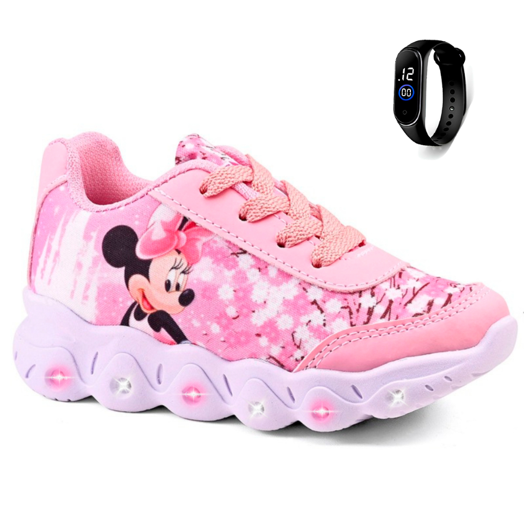 Tênis Infantil Menina Minnie Com Led + Relógio Digital