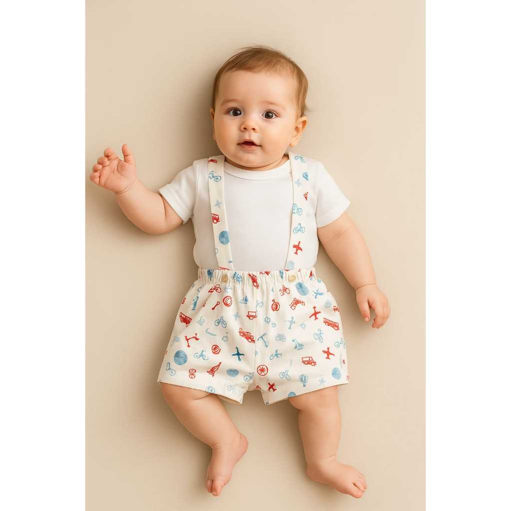 CONJUNTO SHORT COM SUSPENSÓRIO + CAMISETA PARA BEBÊ ROUPA DE VERÃO PARA MENINO