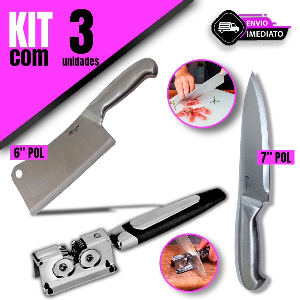 Kit Faca Peixeira 7'' Polegadas + Amolador Profissional + Cutelo Texas Inox 6'' Polegadas Para Sua Cozinha Restaurante