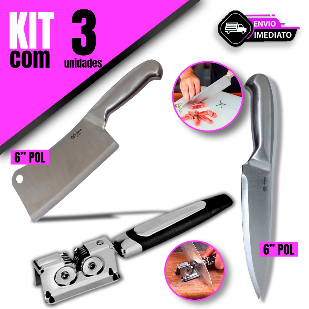Kit Faca Peixeira 6'' Polegadas + Amolador Profissional + Cutelo Texas Inox 6'' Polegadas Para Sua Cozinha Restaurante