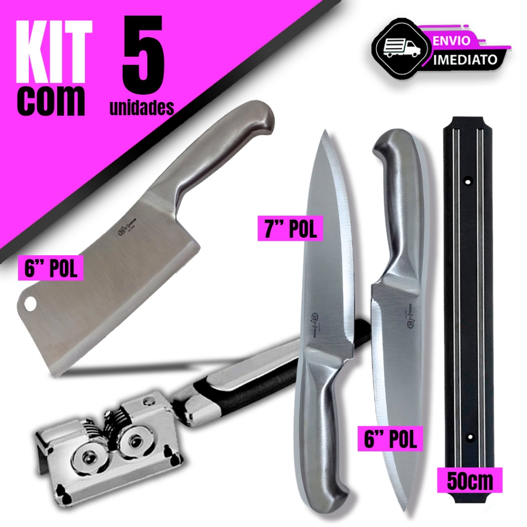 Kit Barra Magnética 50cm Faca Peixeira 6 e 7 Polegadas Amolador Profissional  e Cutelo Texas 6 Polegadas Aço Inox