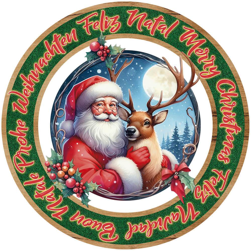 Natal - Placa Decorativa para Porta ou Parede - Guirlanda Papai Noel Merry Christmas